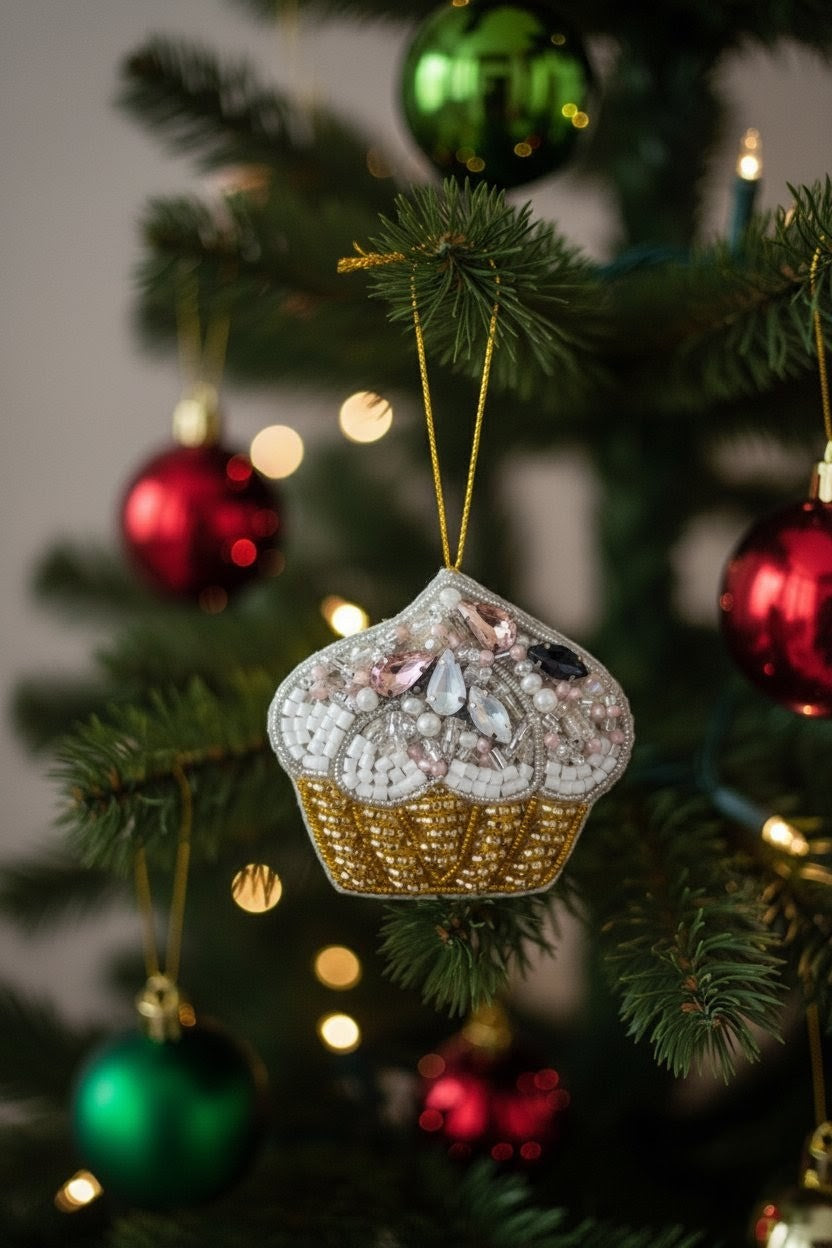 Cupcake Ornament — A cupcake-shaped Christmas ornament hanging from a decorated Christmas tree. The ornament has a white frosting top with pink and silver rhinestone details and a gold beaded cupcake base, set against a blurred background of green tree branches and red and green ornaments. — Zohricanada