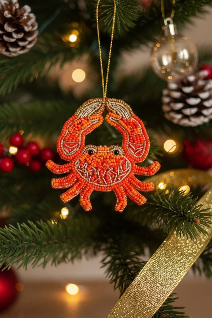 Red Crab Ornament — A beaded crab Christmas ornament in vibrant orange and red hangs from a gold string on a decorated Christmas tree with pinecones, red berries, warm string lights, and a gold ribbon. — Zohricanada