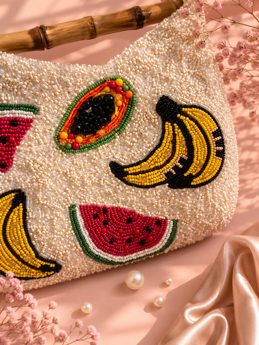 Tropical Fruit Beaded Bamboo Handle Bag | Handmade Luxury Summer Handbag — Zohricanada