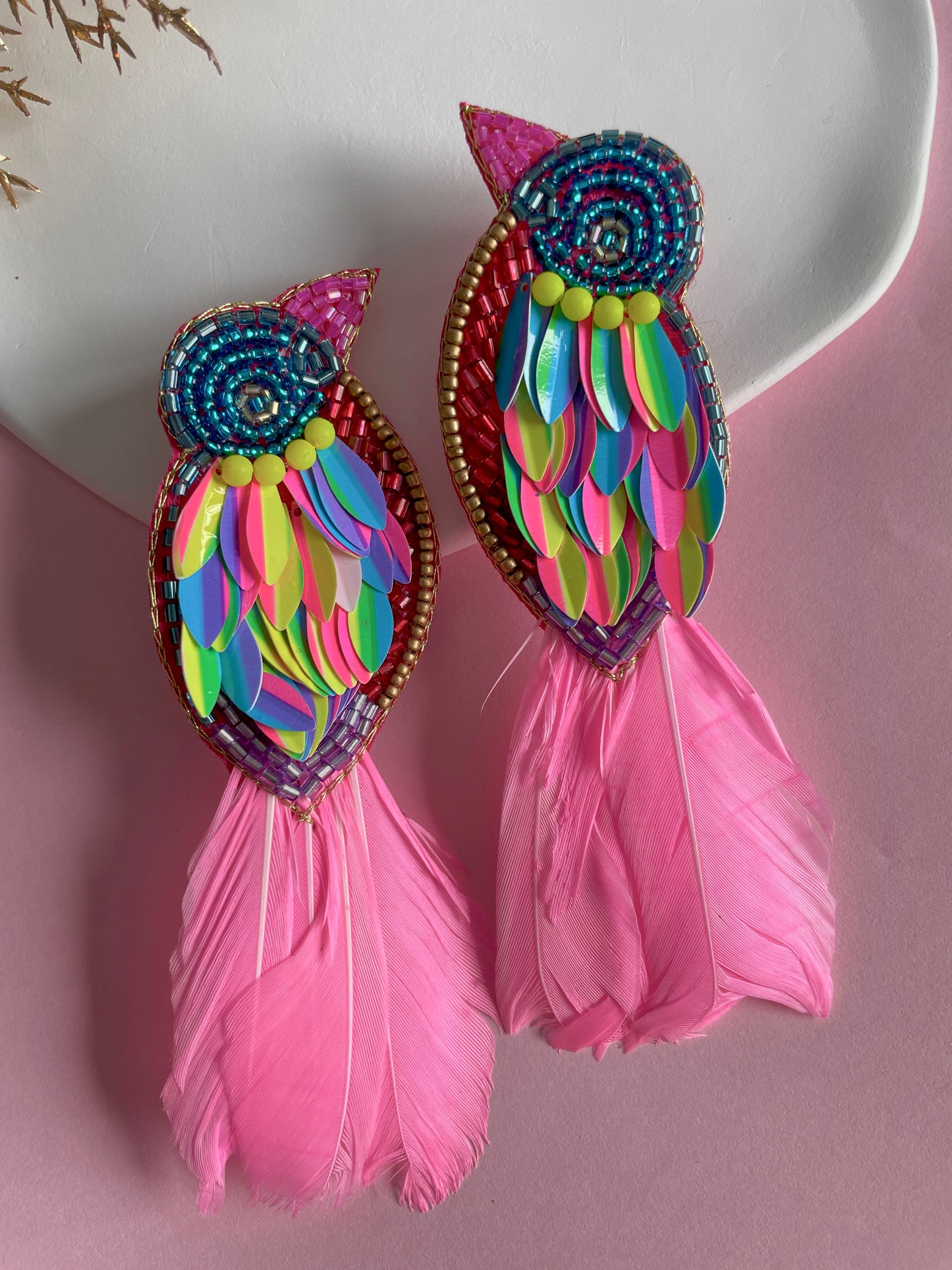 Luxe Pink Feather Rainbow Earrings