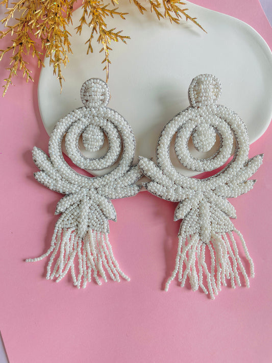 White Beaded Glamour Oversized Earrings