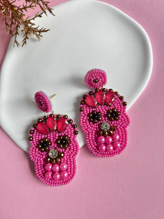 Pink Beaded Skull Earrings