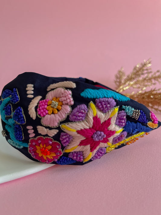 Blue Embroidery Flower Turban Headband