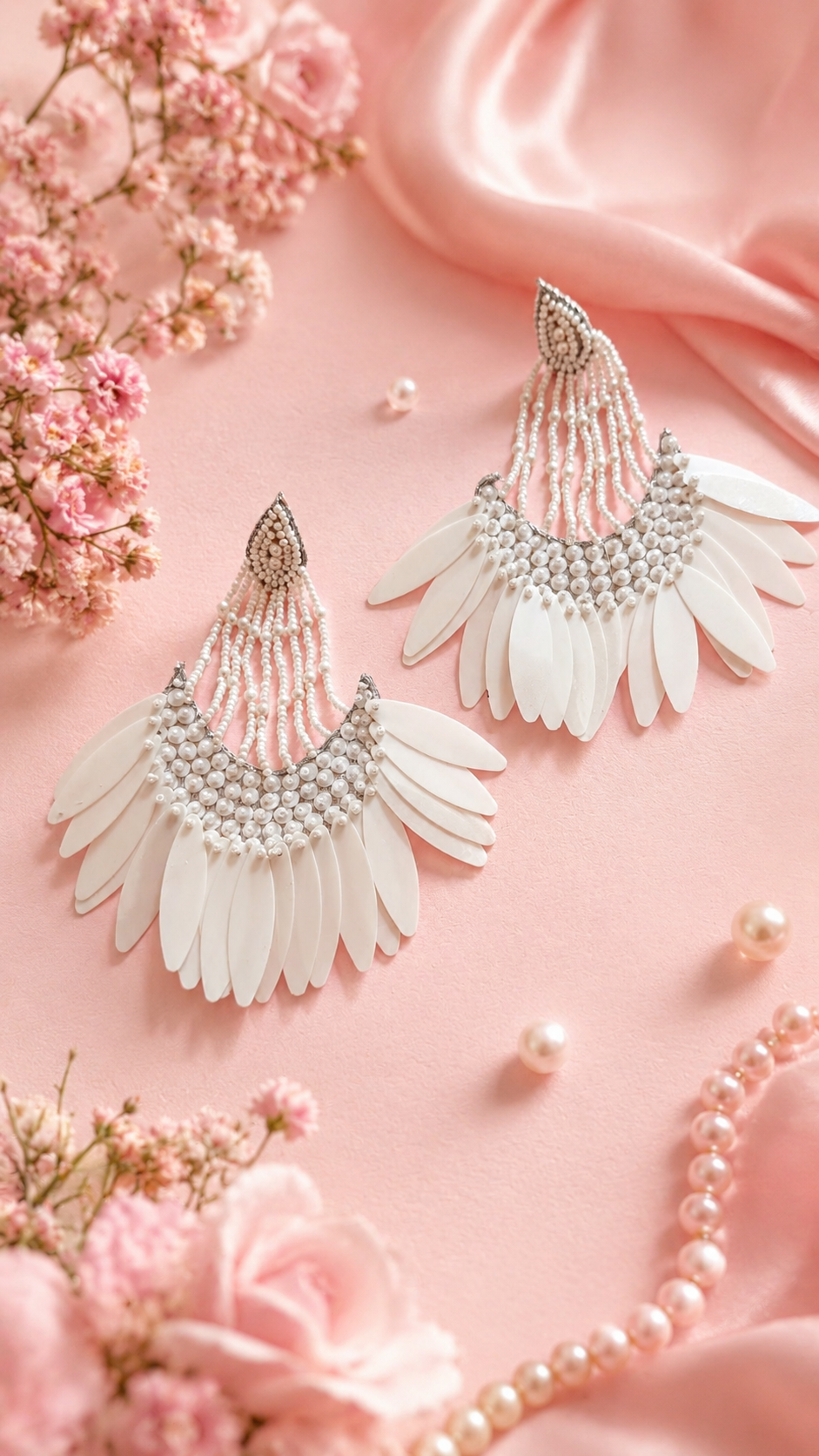 White Wings Pearl Bridal Earrings — Delicate white feather earrings with rhinestones on a pink satin background with flowers. — Zohricanada