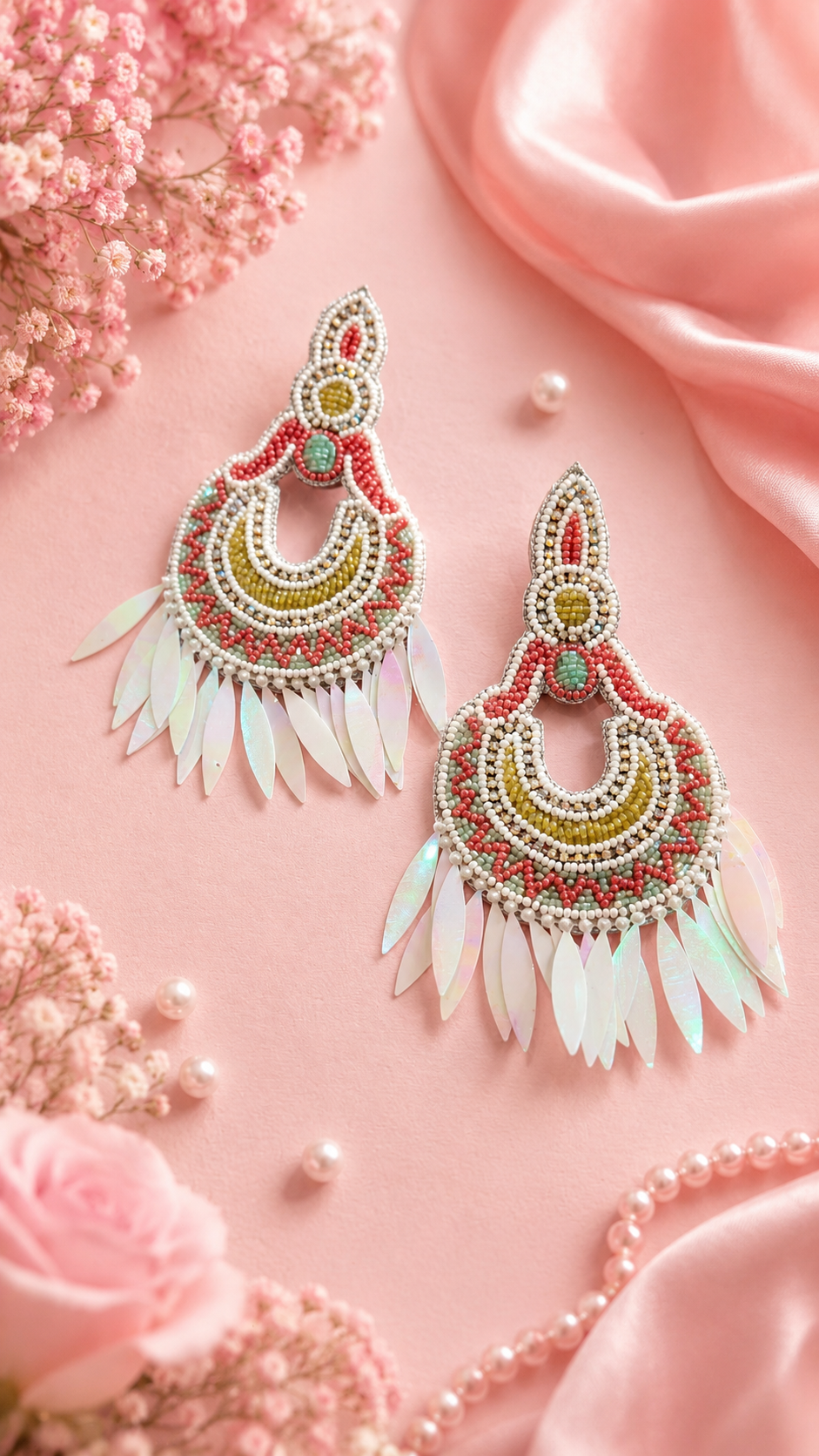 Multi Bridal Beaded Earrings with Wings — Decorative earrings with colorful beads and feathers on a pink fabric background. — Zohricanada