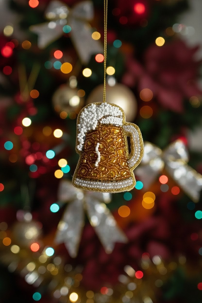 A gold and white beer mug Christmas ornament hanging from a string against a blurred Christmas tree background with colorful lights.