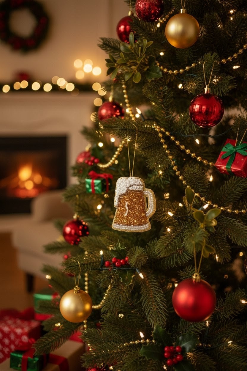 Beer Mug Ornament hanging on Christmas tree with fireplace background