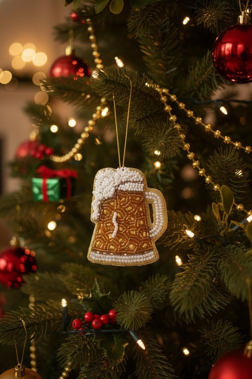 A beer mug shaped Christmas ornament with a gold patterned body, white foam head, and pearl-like trim, hanging on a decorated Christmas tree with red ornaments and warm lights.