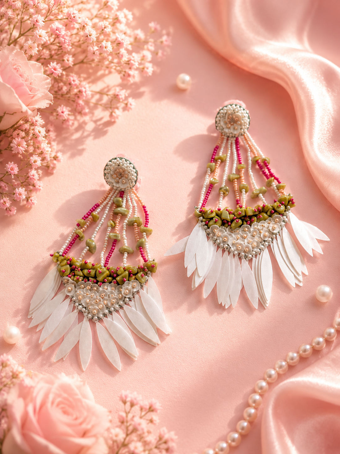 Ornate earrings with beads and feathers on a pink fabric background