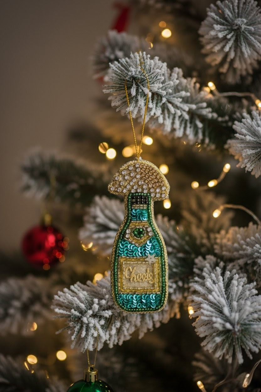 A decorative Christmas ornament shaped like a bottle with a mushroom cap, hanging on a flocked Christmas tree with warm string lights. The ornament features turquoise, gold, and white beaded details.