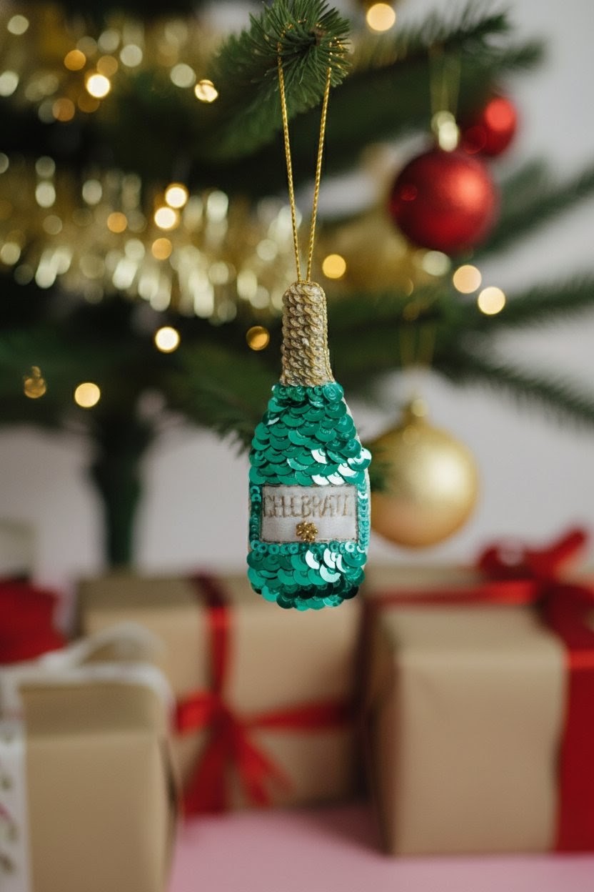 A sequined green bottle-shaped Christmas ornament with a gold cap and hanging string, displayed in front of a blurred Christmas tree and wrapped gift boxes.