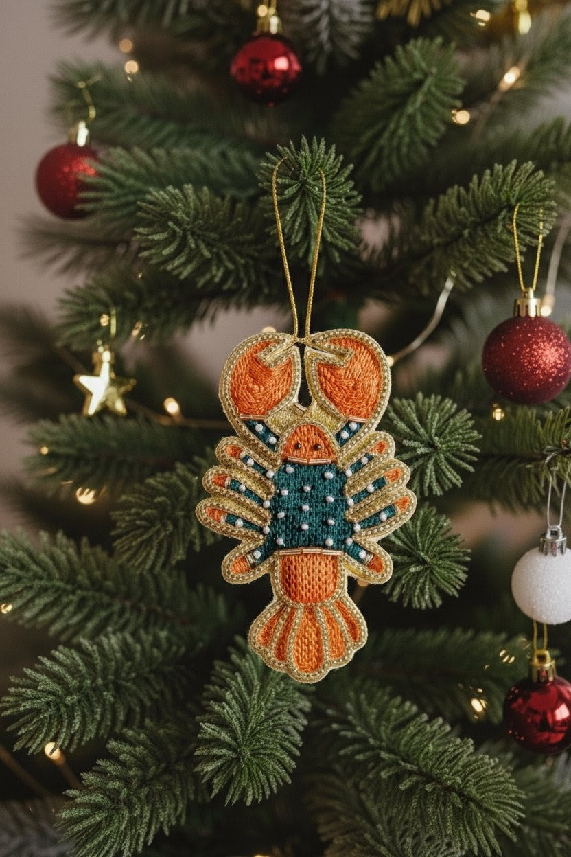 Lobster Ornament — A lobster-shaped Christmas ornament hanging on a decorated green Christmas tree with red ornaments and warm string lights. — Zohricanada