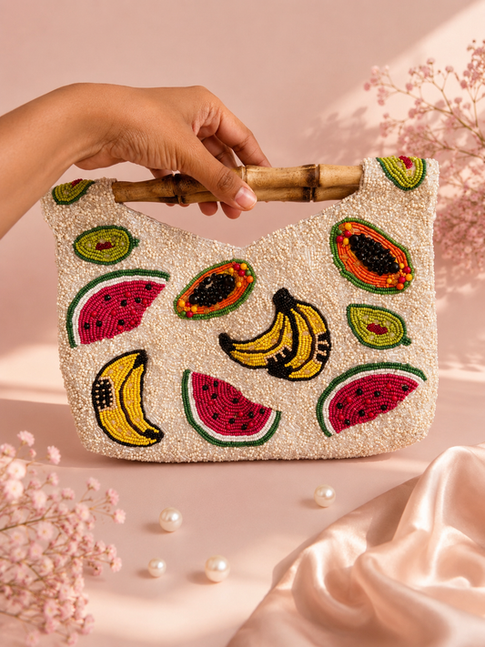 Tropical Fruit Beaded Bamboo Handle Bag | Handmade Luxury Summer Handbag — Zohricanada