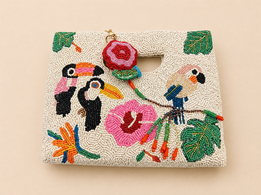 Tropical Toucan Hand-Beaded Clutch Bag | Colorful Statement Handbag — Zohricanada