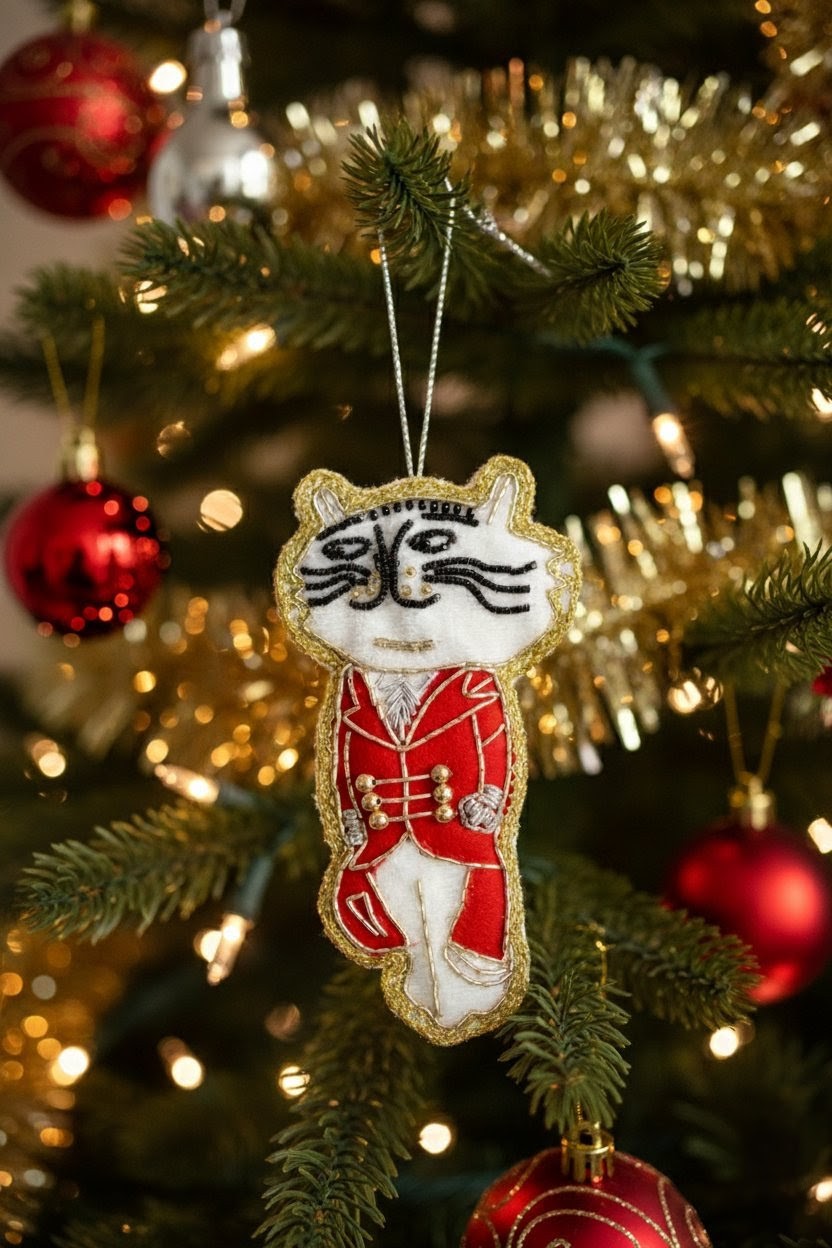 A festive embroidered cat ornament dressed in a red military-style uniform with gold trim, hanging on a decorated Christmas tree with lights and red ornaments in the background.