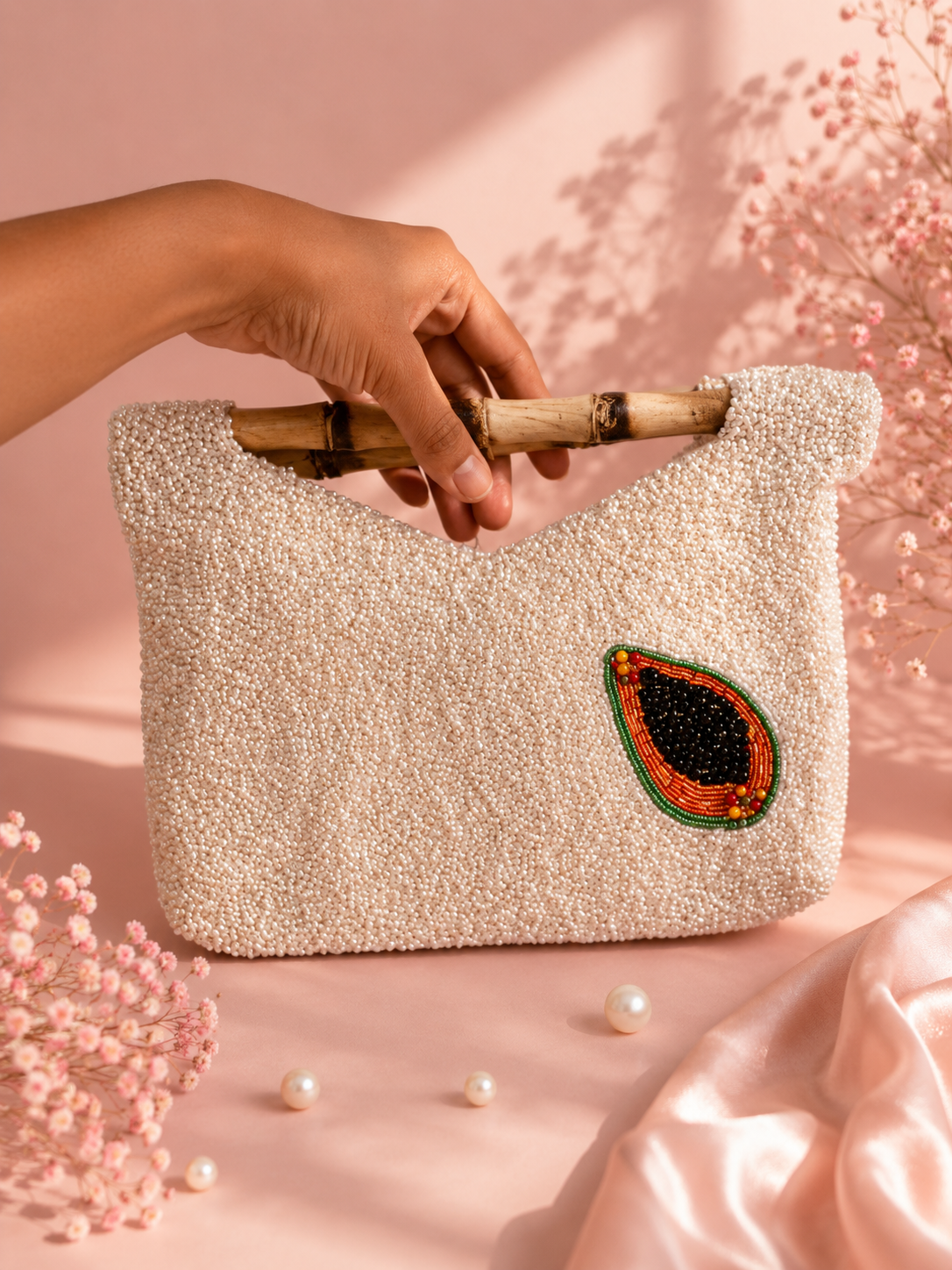 Tropical Fruit Beaded Bamboo Handle Bag | Handmade Luxury Summer Handbag — Zohricanada