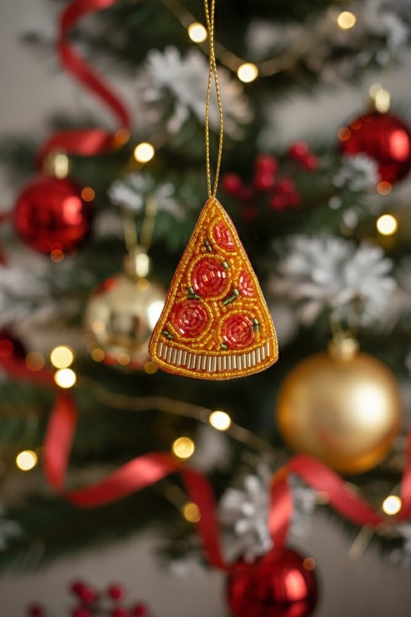 Pizza Slice Ornament — A triangular Christmas ornament shaped like a slice of pizza hangs from a gold string in front of a blurred Christmas tree with red and gold ornaments and warm lights. — Zohricanada