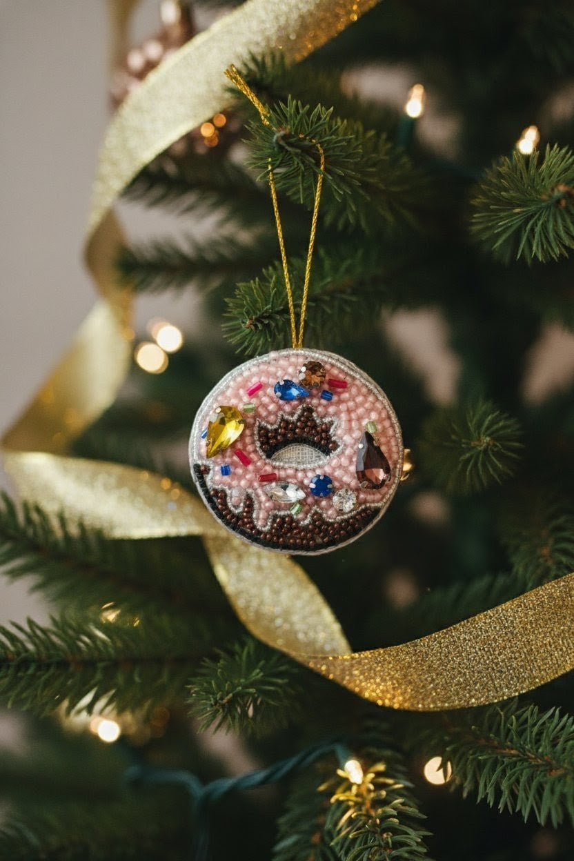 A round donut-shaped Christmas ornament with pink icing and colorful sprinkles, hanging on a decorated Christmas tree with a gold ribbon and warm lights.