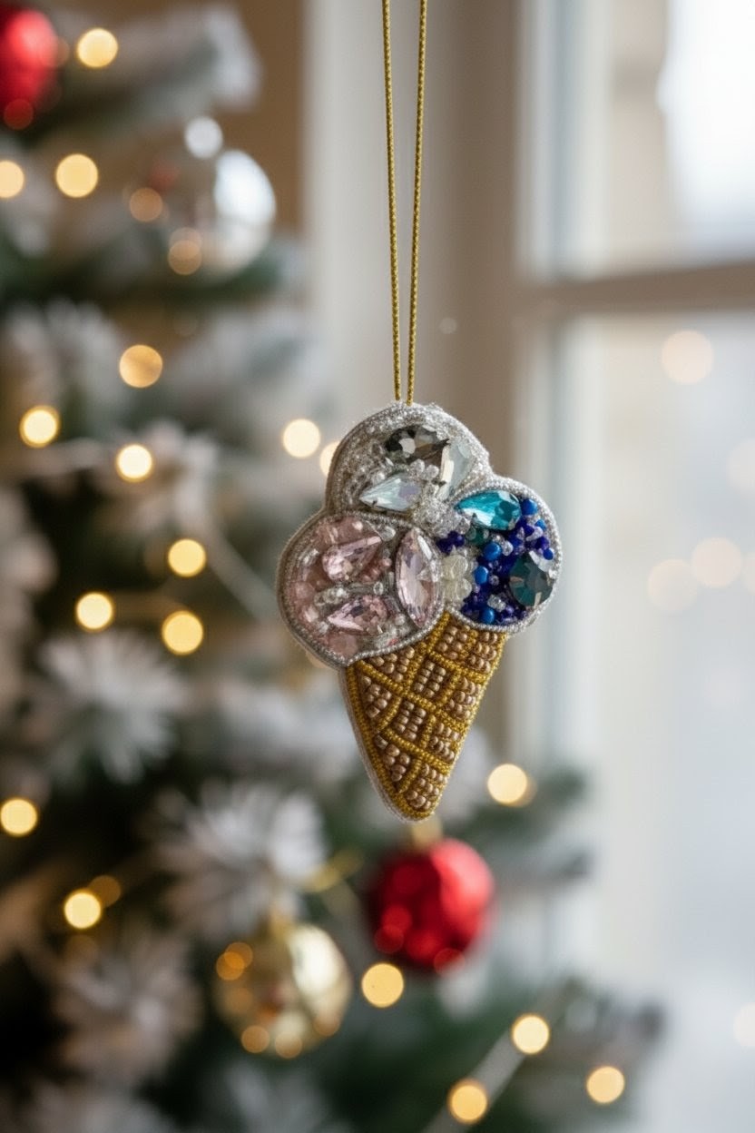 A decorative hanging ornament shaped like an ice cream cone, featuring textured gold waffle detailing and colorful rhinestone scoops in pink, clear, and blue, photographed in front of a softly blurred Christmas tree and window.