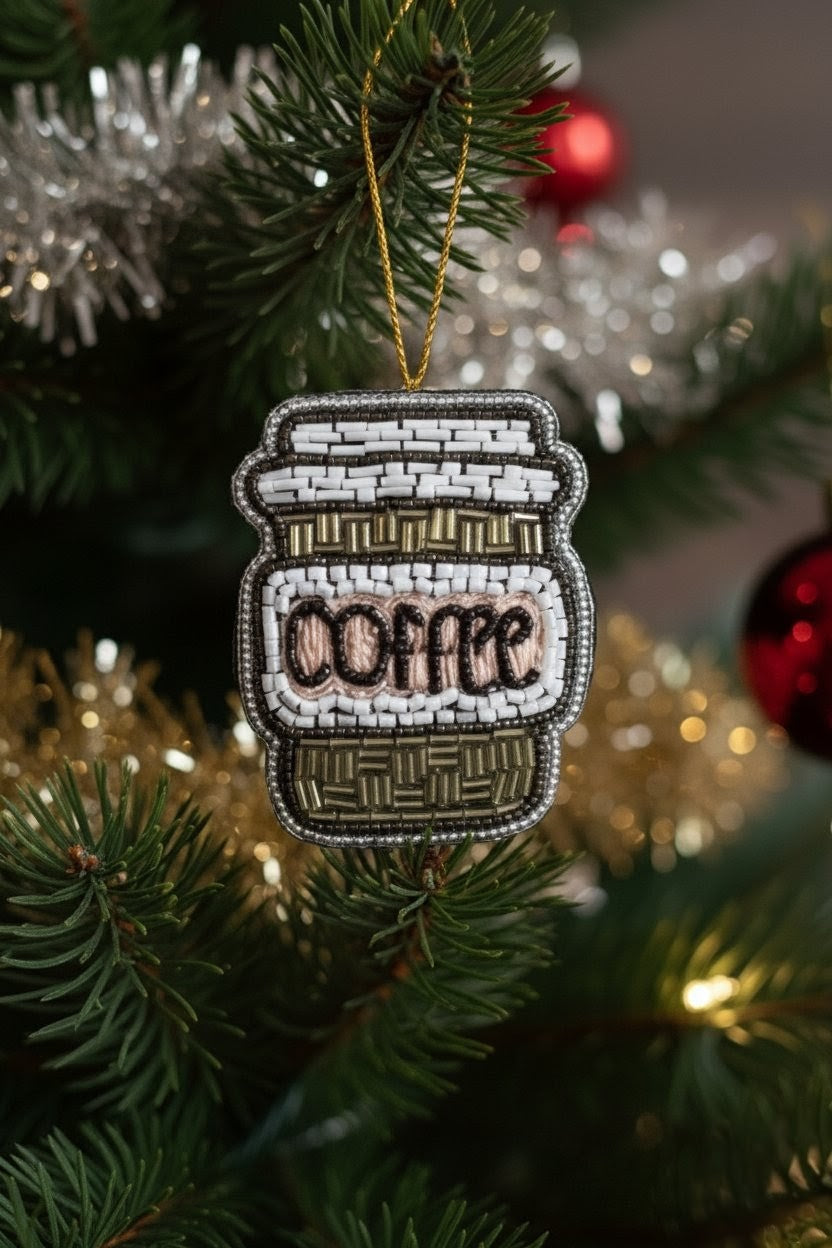 A mason-jar-shaped Christmas ornament hanging from a gold string on a Christmas tree branch. The ornament features a white and gray patterned top, a beige and olive-brown patterned middle with the word 'coffee' stitched in black, and a beige patterned bottom.