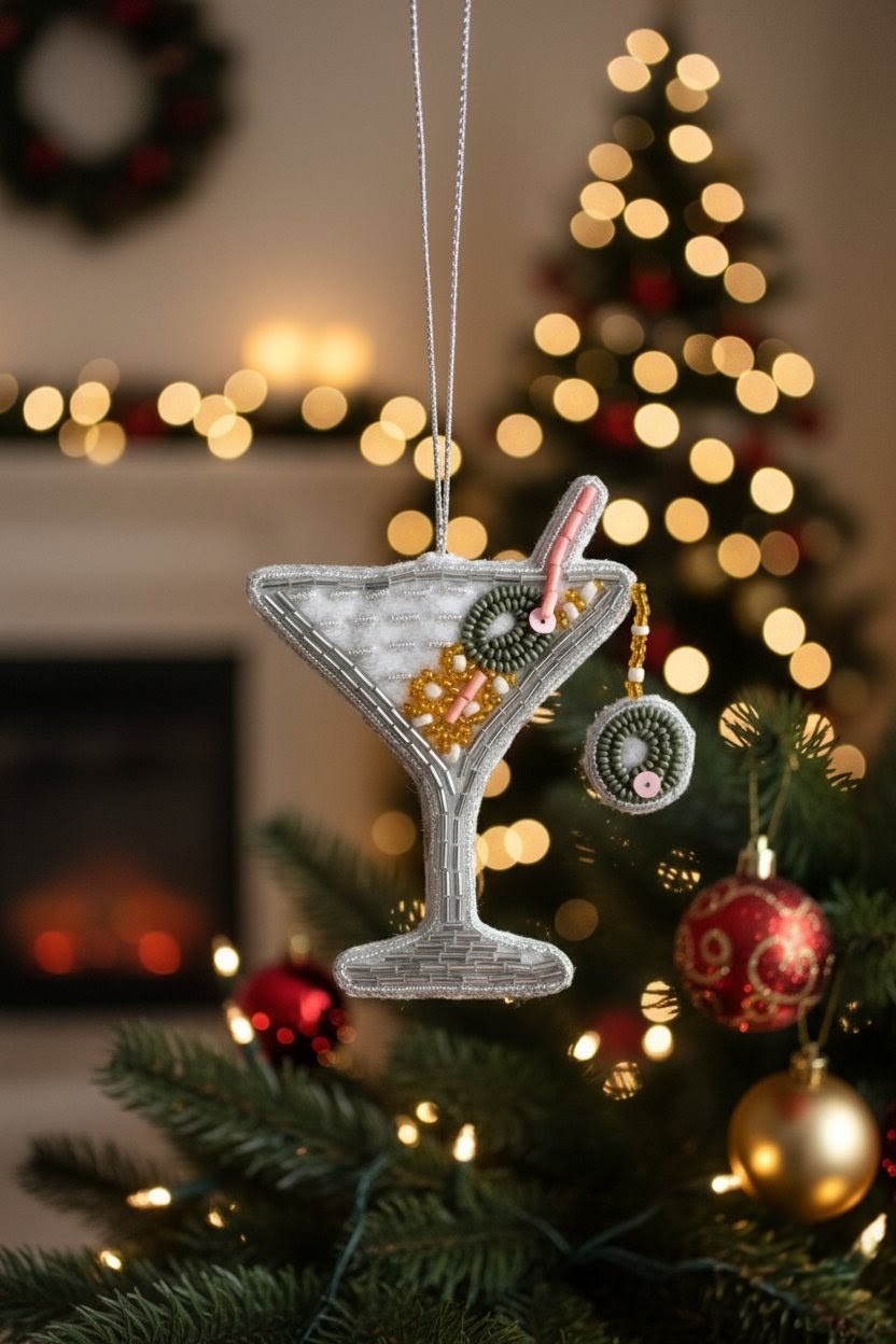 A silver martini glass Christmas ornament decorated with cocktail details and a candy on a stick, hanging in front of a blurred Christmas tree and fireplace background.