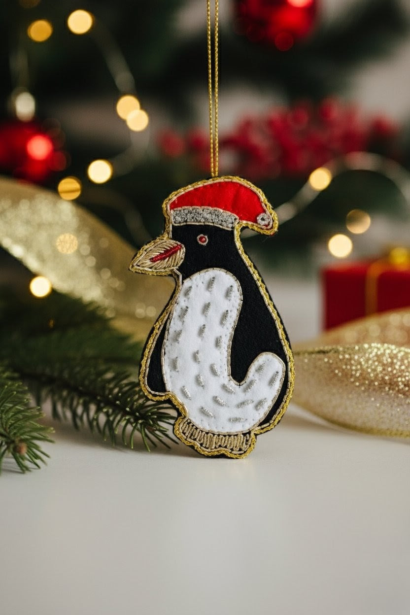 A penguin-shaped Christmas ornament hanging from a gold string, featuring a black body, white belly, red Santa hat, and gold trim, set against a blurred festive background with lights and greenery.