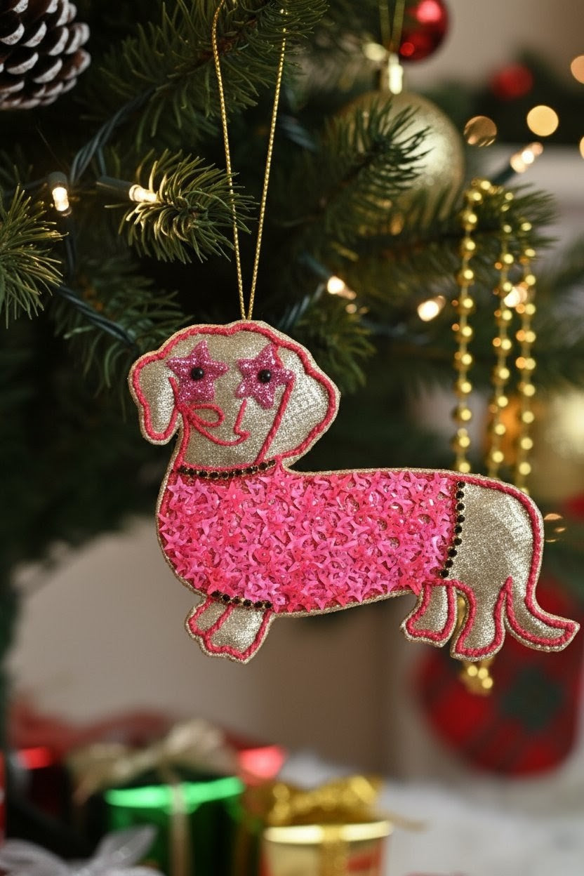A pink and beige dachshund-shaped sequin Christmas ornament hanging from a gold string on a decorated Christmas tree.