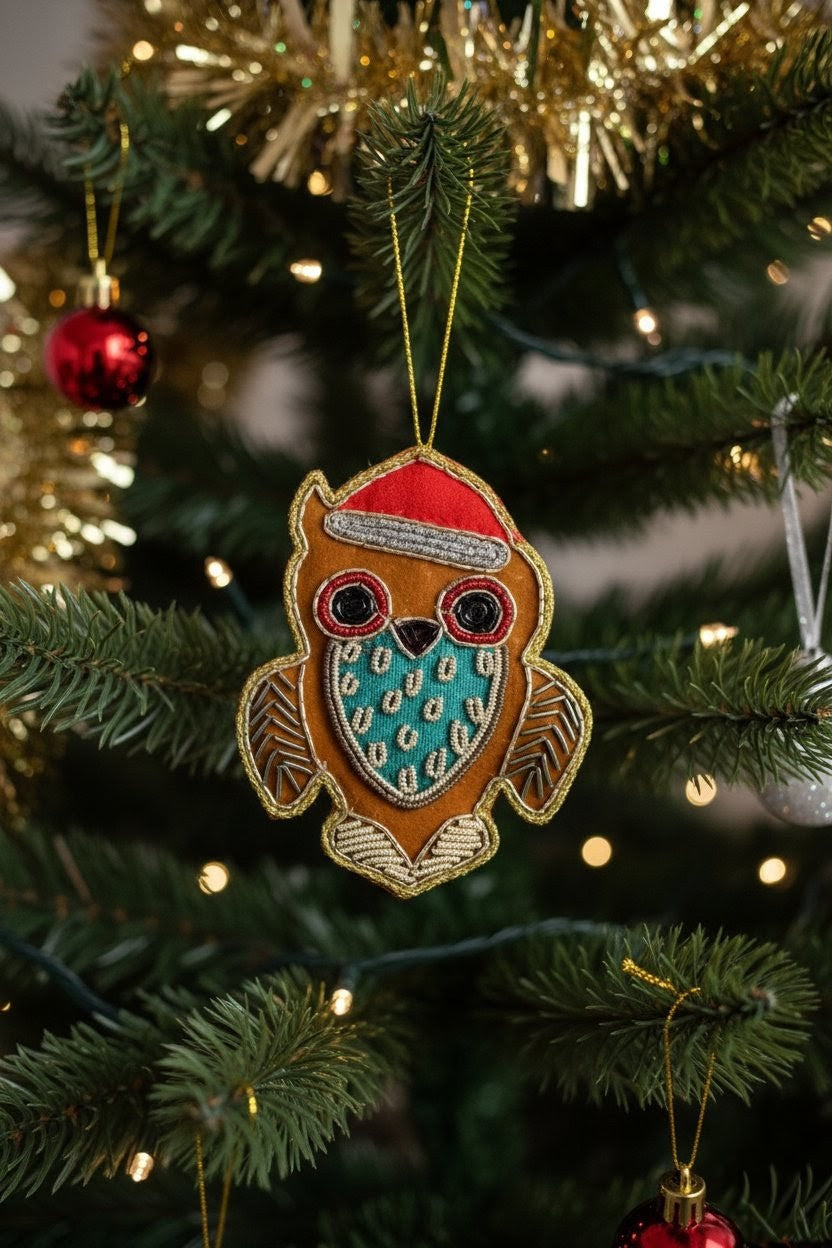 A handmade embroidered owl Christmas ornament hanging on a decorated Christmas tree. The ornament is brown with a red Santa hat, a teal patterned face, and gold embroidered outlines.