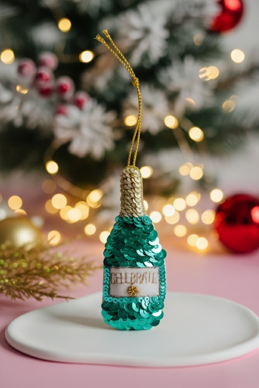 A small sequined Christmas ornament shaped like a champagne bottle, with turquoise green sequins, a gold hanging loop, and a white label reading 'CELEBRATE', displayed on a white plate with a blurred festive tree and lights in the background.
