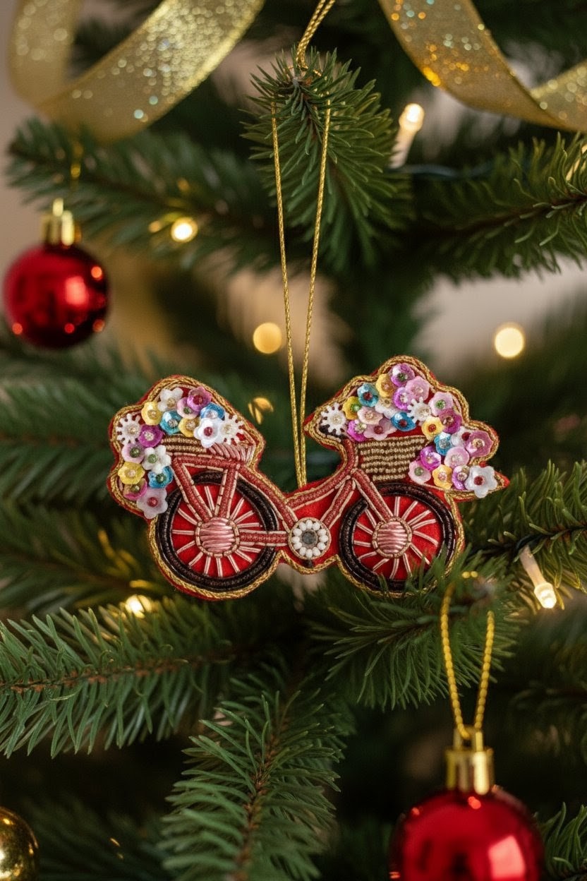 A bicycle-shaped Christmas ornament hanging on a decorated Christmas tree. The ornament features red spoked wheels, pink and purple flower baskets on the front, and gold embroidered outlines, suspended by a thin gold string against the green pine branches of the tree.