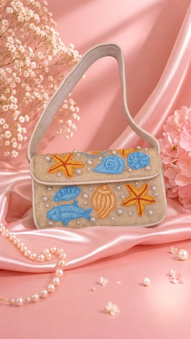 A beige embroidered shoulder bag with an ocean-themed design featuring blue seashells, orange starfish, and a blue fish, styled on pink satin with pearl beads and dried flowers.