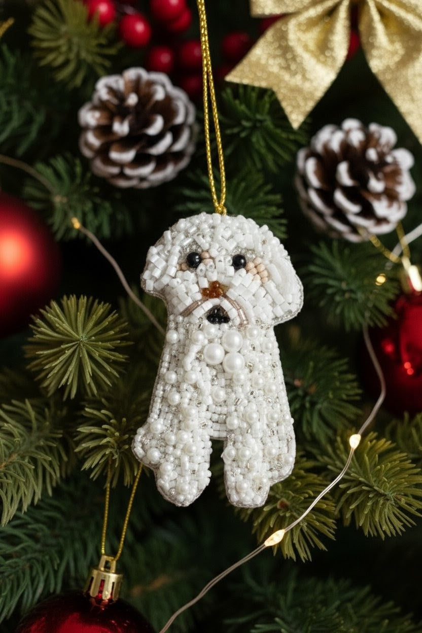 A white beaded dog Christmas ornament hanging from a gold string on a decorated Christmas tree with pinecones, red ornaments, green needles, and fairy lights.