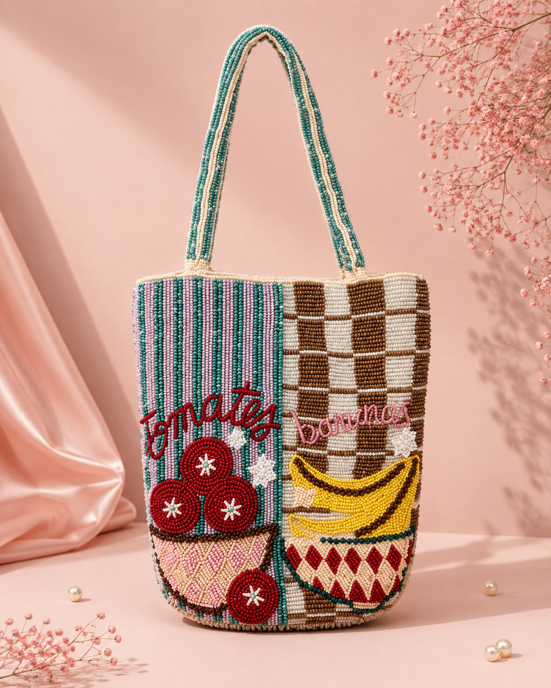 Full view of handmade beaded fruit market tote bag with tomatoes, bananas, and checkered patchwork design by ZOHRICANADA on a pink background
