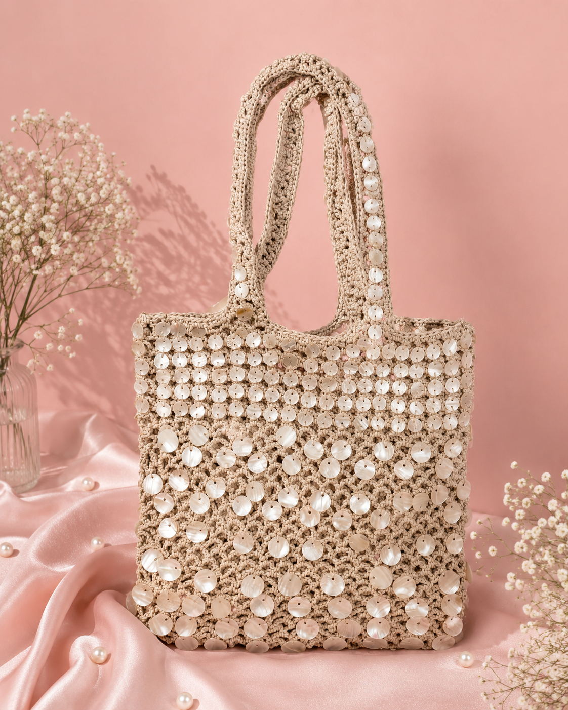 Handmade beige crochet tote bag embellished with pearls and shells by ZOHRICANADA, styled on a pink satin background with flowers